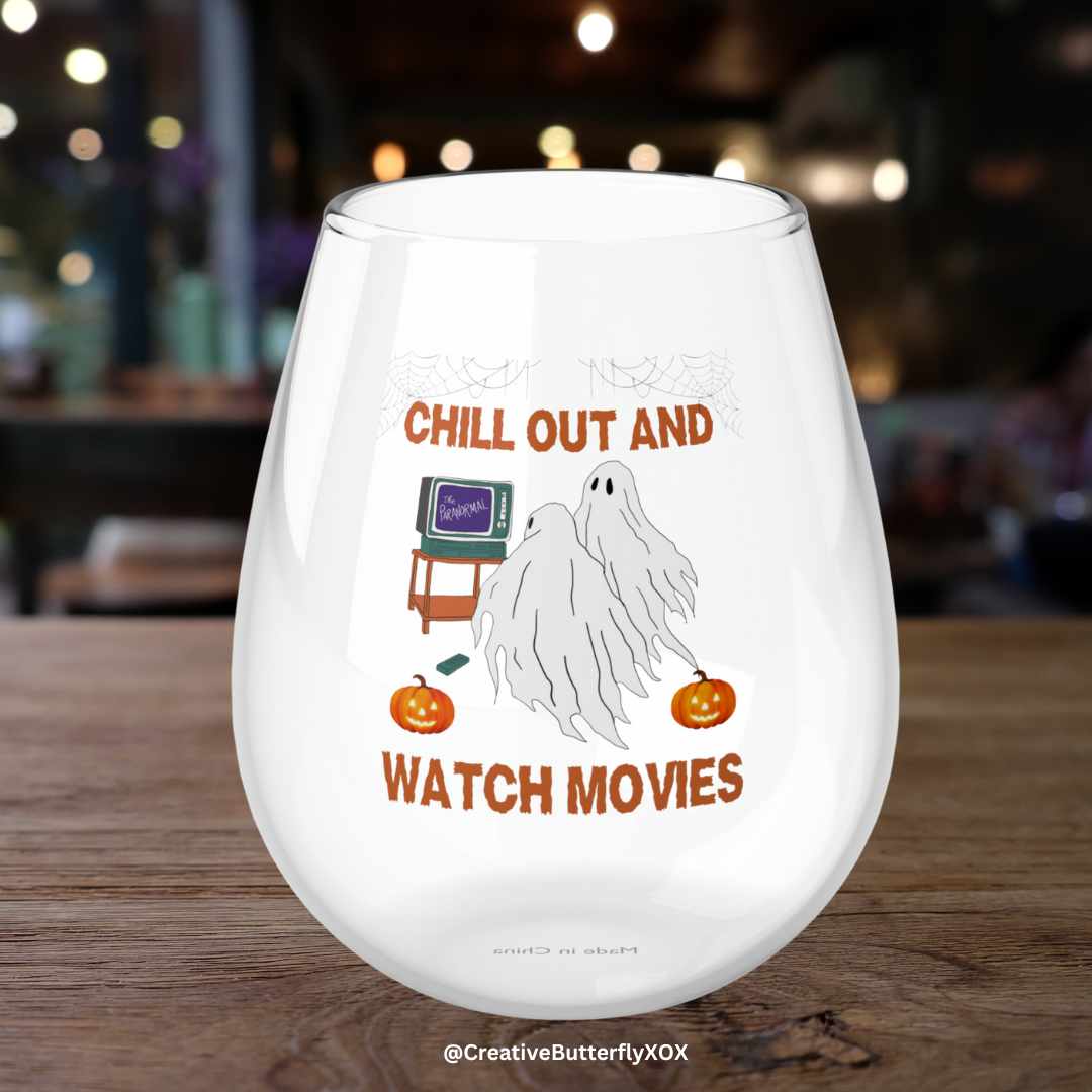 Chill Out And Watch Movies Wine Glass, Retro Ghosts Wine Glass, Watching Horror Movies Stemless Wine Glass, Horror Movies & Chill Wine Glass