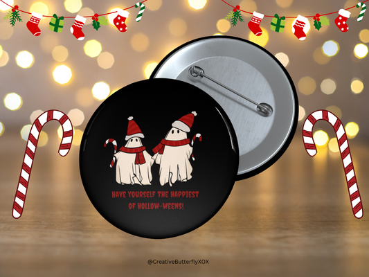 Funny Christmas Halloween Ghosts Pin, Ghost with Santa Hats Pinback Button, Halloween Pin, Christmas Brooch, Halloween Christmas Ghosts Pin