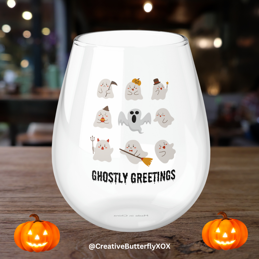 Ghostly Greetings Wine Glass, Halloween Ghost Wine Glass, Lots of Cute Ghosts Wine Glass, Spooky Season Adorable Ghosts Stemless Wine Glass