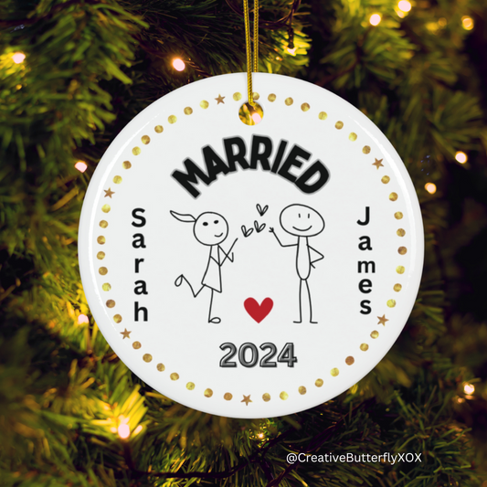 Couples first Christmas married ornament stick figure design personalized with names custom wedding gift