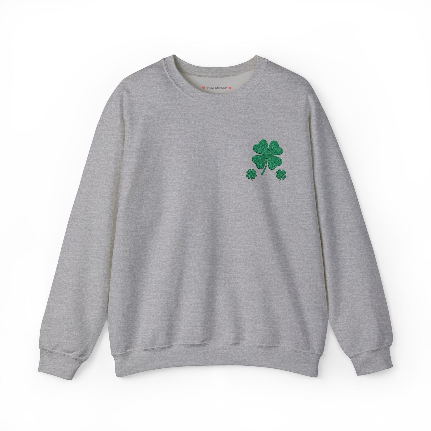 Cozy grey sweatshirt crewneck with an embroidered four-leaf clover for a festive look