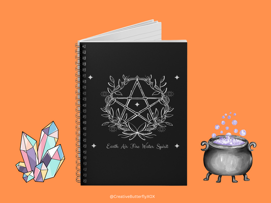 Pentagram Notebook, Pentagram Journal, The Elements Notebook, Earth Air Fire Water Spirit Stationery, Wicca Journal Book of Spells Grimoire