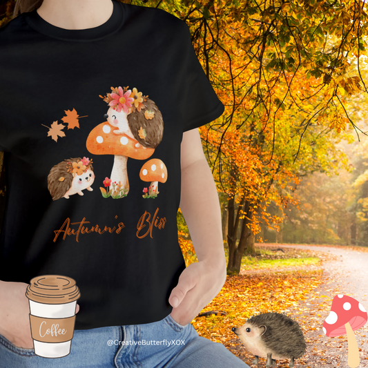 Hedgehog T-Shirt, Autumn Shirt, Autumn Hedgehog Shirt, Woodlands Animals Shirt, Autumn's Bliss Shirt, Cute Hedgehogs on Mushrooms Shirt