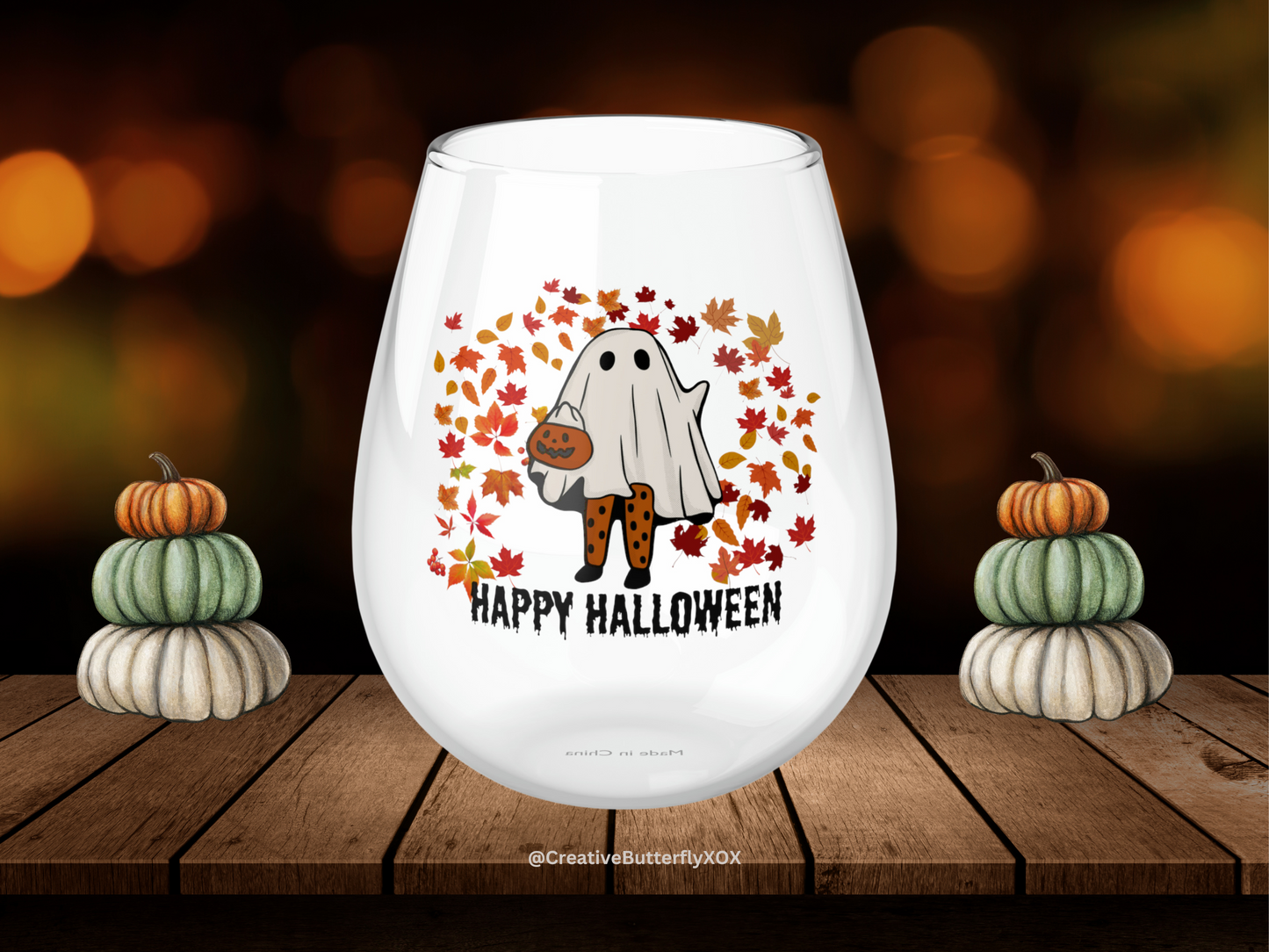 Ghost Girl in The Fall Leaves Wine Glass, Little Pumpkin Ghosty Girl Stemless Wine Glass, Autumn Leaves Wine Glass, Happy Halloween Glass