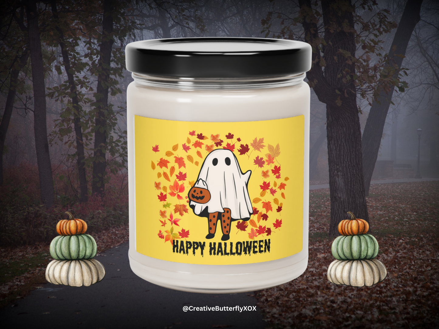 Cute Ghost Candle with Autumn Leaves, Happy Halloween Candle Gift, Halloween Gift For Her, Spooky Season Candle, Ghoul Candle Scented