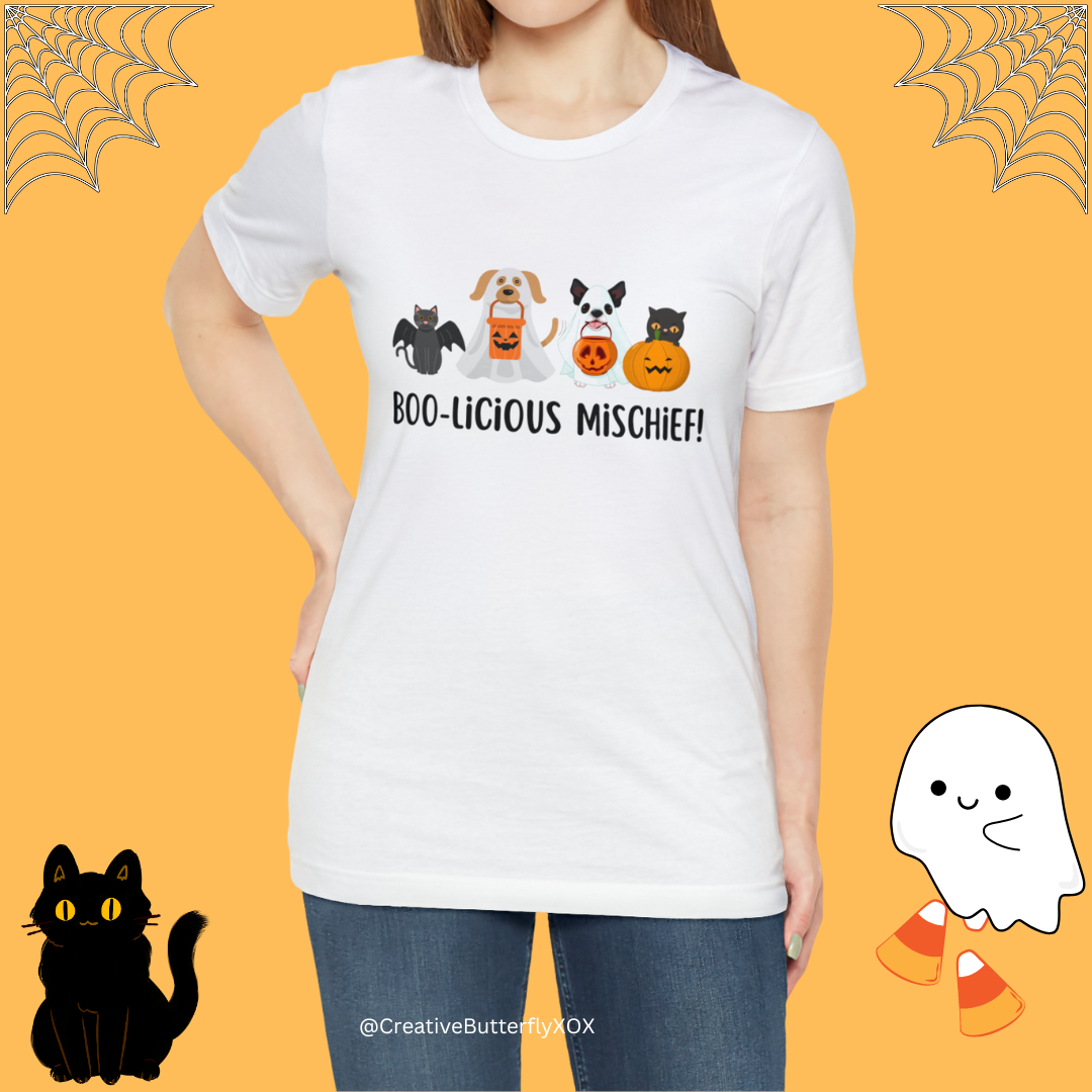 Boo-Licious Mischief Halloween Shirt, Cats & Dogs in Halloween Costumes Shirt, Cute Halloween T-Shirt, Halloween Dog T-Shirt, Boo Cat Shirt