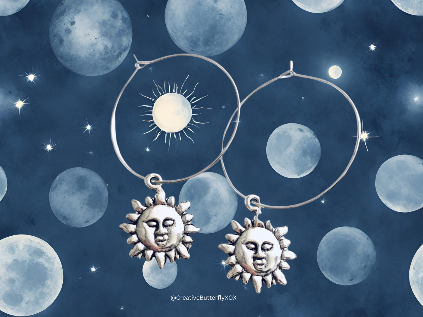 Sun Hoops, Silver Sun Hoop Earrings, Celestial Hoop Earrings Sun Face Sunshine Weather Witchy Woman Wicca Boho Jewelry Bohemian Hippy