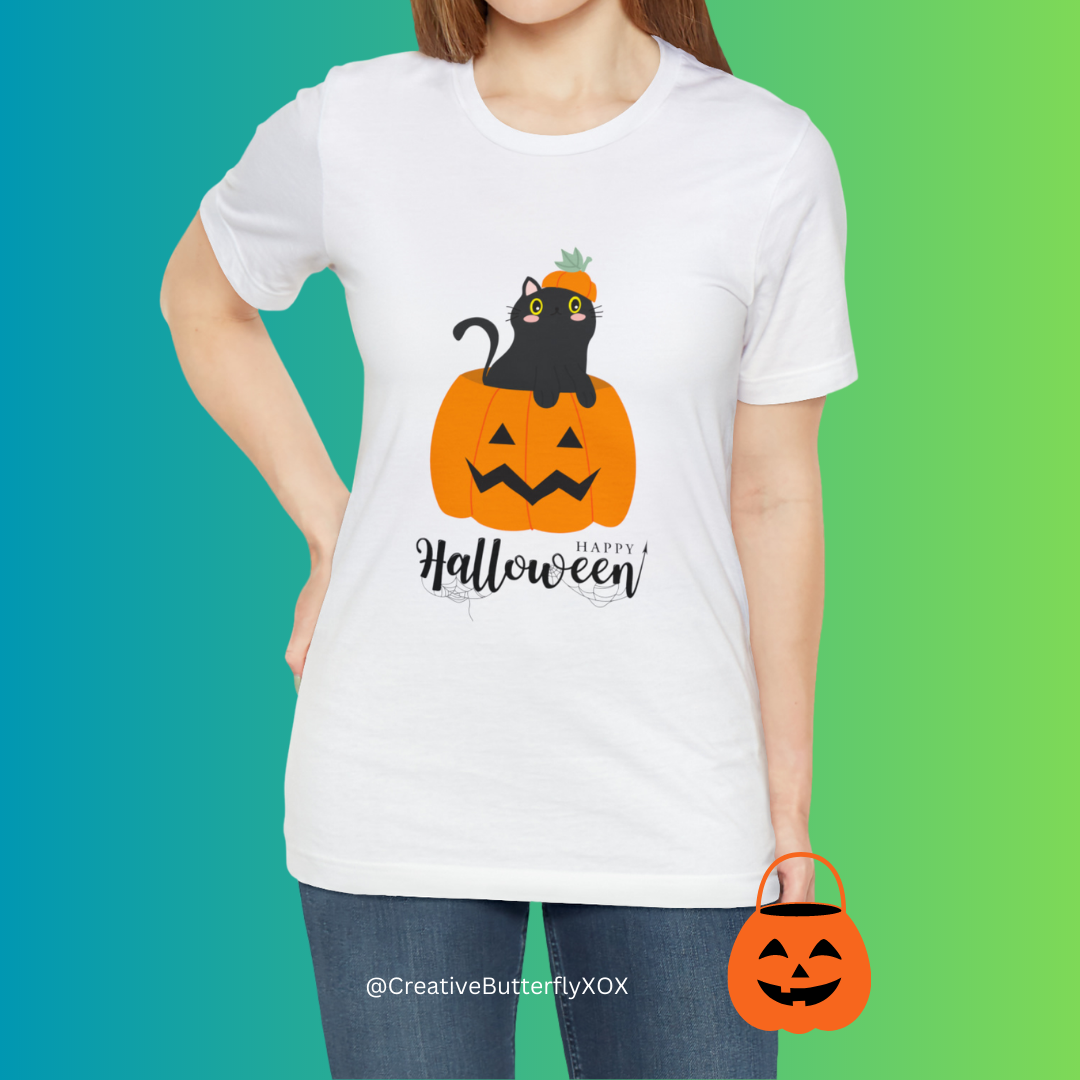 Black Cat in Pumpkin T-Shirt, Black Cat Shirt, Halloween Cat Shirt, Halloween Shirt, Pumpkin & Cat Shirt, Black Cat Spooky Season T-Shirt