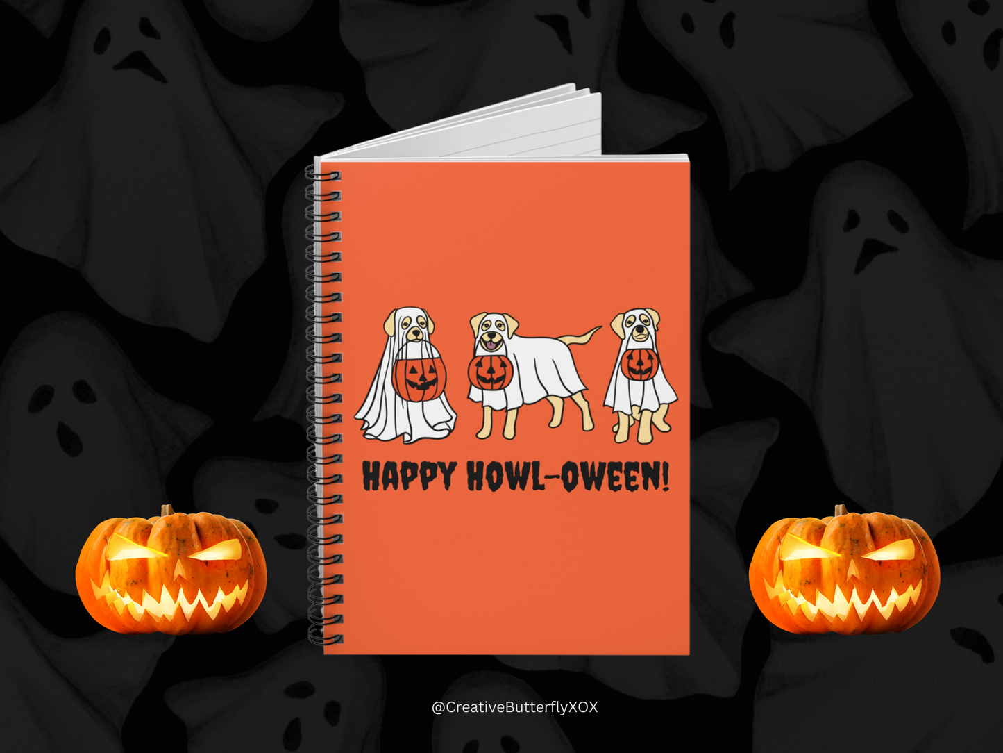 Ghost Dog Notebook with Pumpkins, Labrador Dressed as Ghost Notebook, Labrador Notebook, Ghost Notebook, Halloween Notebook, Ghost Journal