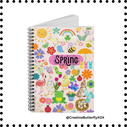Spring Collage Notebook Journal, Springtime Scrapbook Collage Notebook, Kawaii Bunny Rabbits Bees Ducks Bird Frog Ladybug Flowers Rainbow