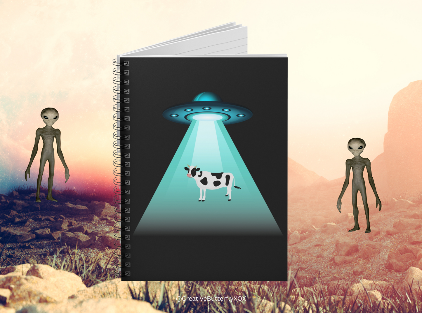 Funny Aliens Notebook, UFO Notebook, Flying saucer Notebook, Alien Spaceship Beaming Up a Cow Stationery, Funny Aliens Journal, UFO Gifts