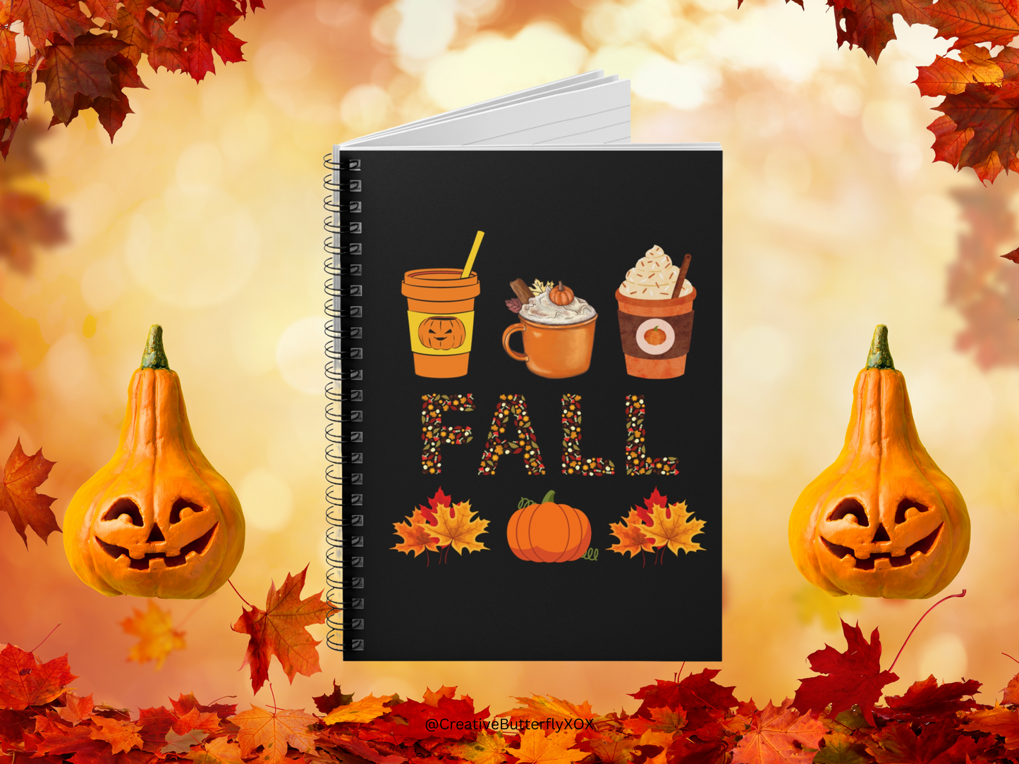 Fall Notebook, Autumn Notebook Gift, Autumnal Notebook, Pumpkin Spice Fall Drinks Autumn Journal, Fall Planner, Gift For Her, Fall Leaves