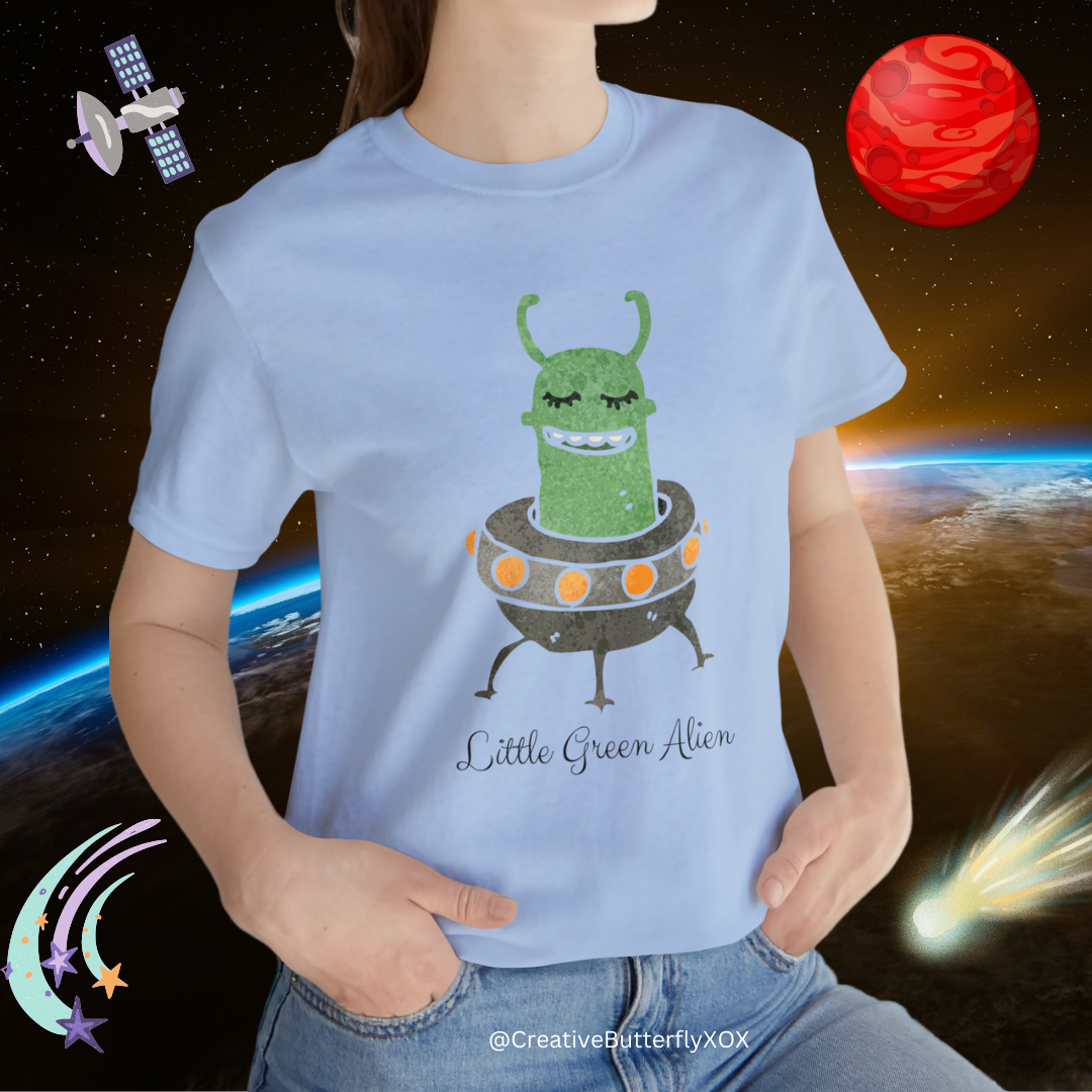 Little Green Alien T-Shirt, Alien in Spaceship Shirt, Alien Shirt, UFO Shirt, Alien Graphic Tee, Sci-Fi Shirt, Cosmic Extraterrestrial Shirt