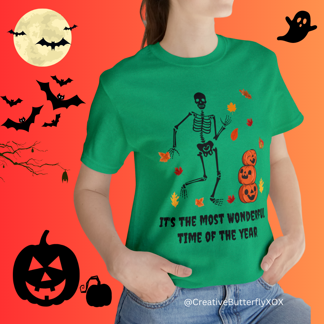 Halloween Pumpkins Skeleton Shirt with Fall Leaves, Funny Halloween Shirt, Funny Skeleton T-Shirt, The Most Wonderful Time of The Year Shirt