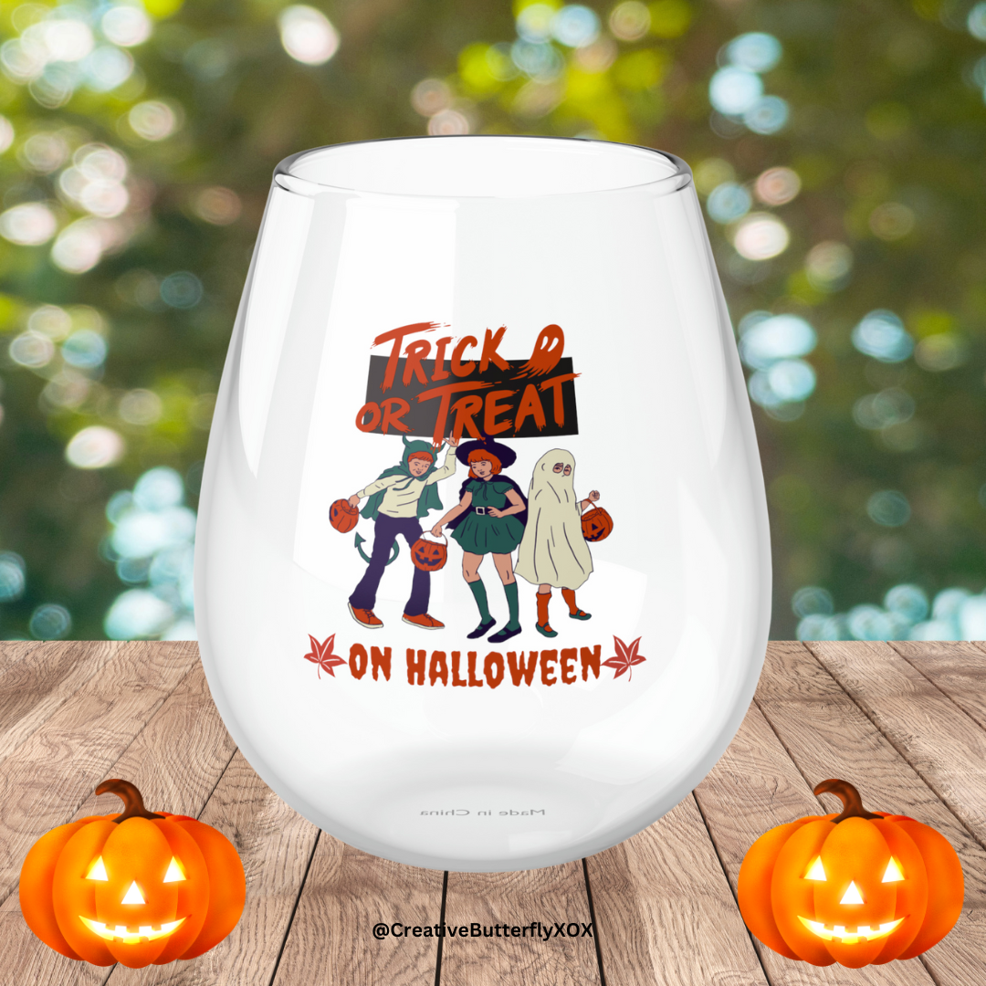 Retro Trick or Treat on Halloween Wine Glass, Spooky Season Wine Glass, Halloween Gift, Ghost Witch & Devil Stemless Wine Glass, Fall Autumn