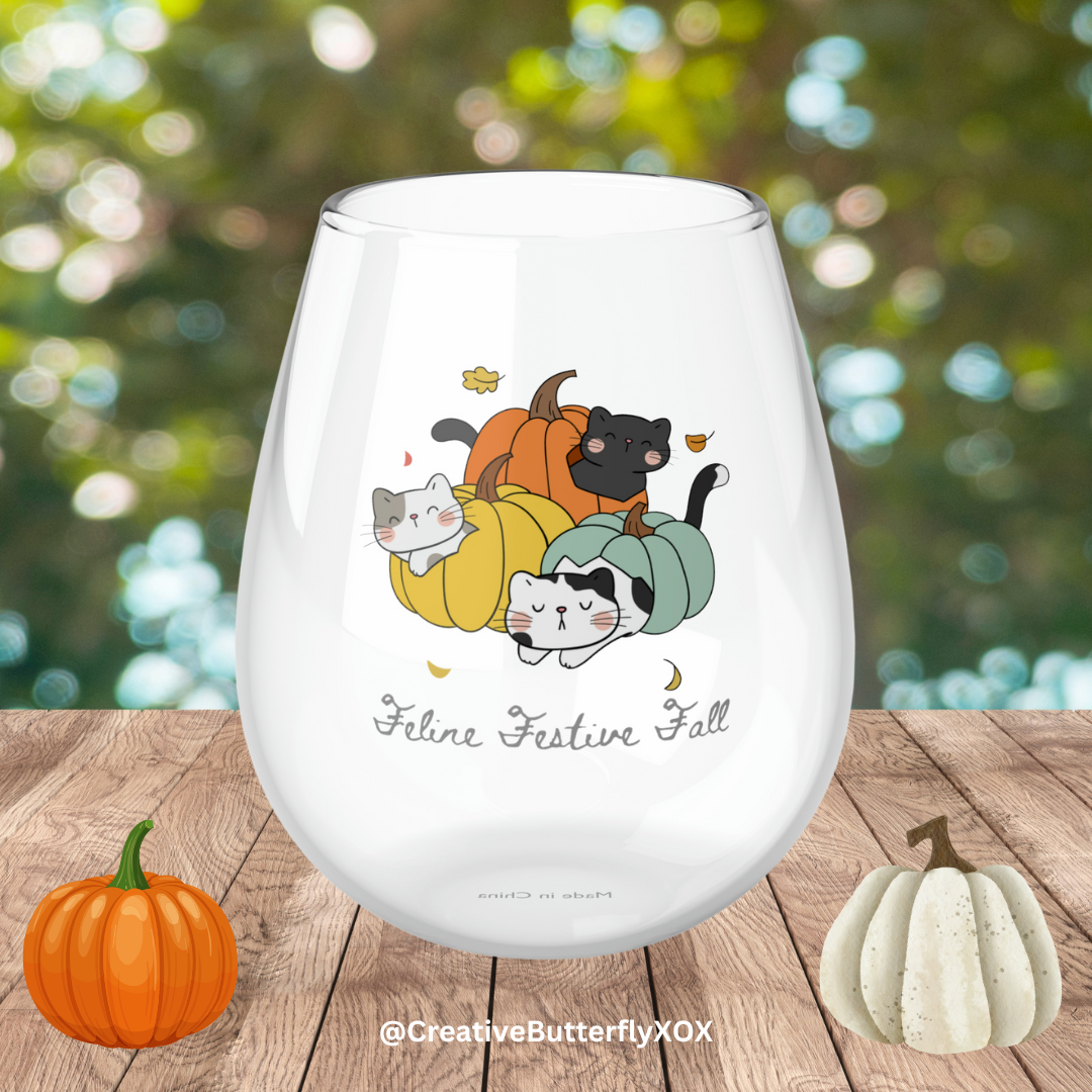 Pumpkins & Cats Wine Glass, Fall Wine Glass, Autumn Wine Glass, Fall Cats Stemless Wine Glass, Feline festive Fall Cat Wine Glass Halloween