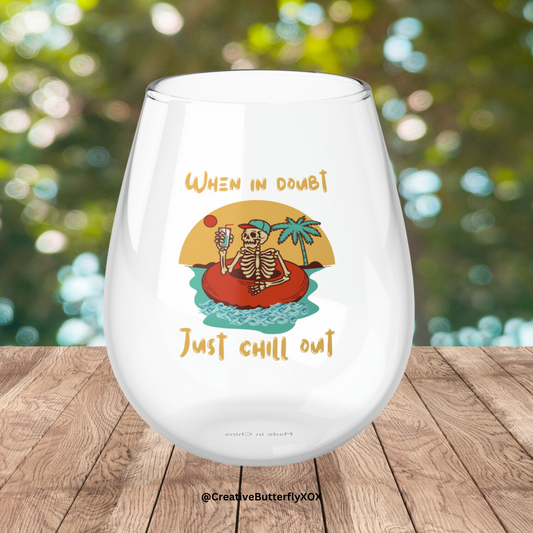Summer Chill Out Skeleton Wine Glass, Tropical Vacation Skeleton Stemless Wine Glass, When in Doubt Just Chill Out, Funny Wine Glass Gift