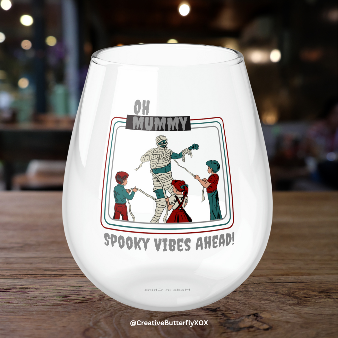 Halloween Mummy Wine Glass, Mummy Monster Wine Glass, Retro Halloween Stemless Wine Glass, Kids Unwrapping Mummy Wine Glass, Spooky Season