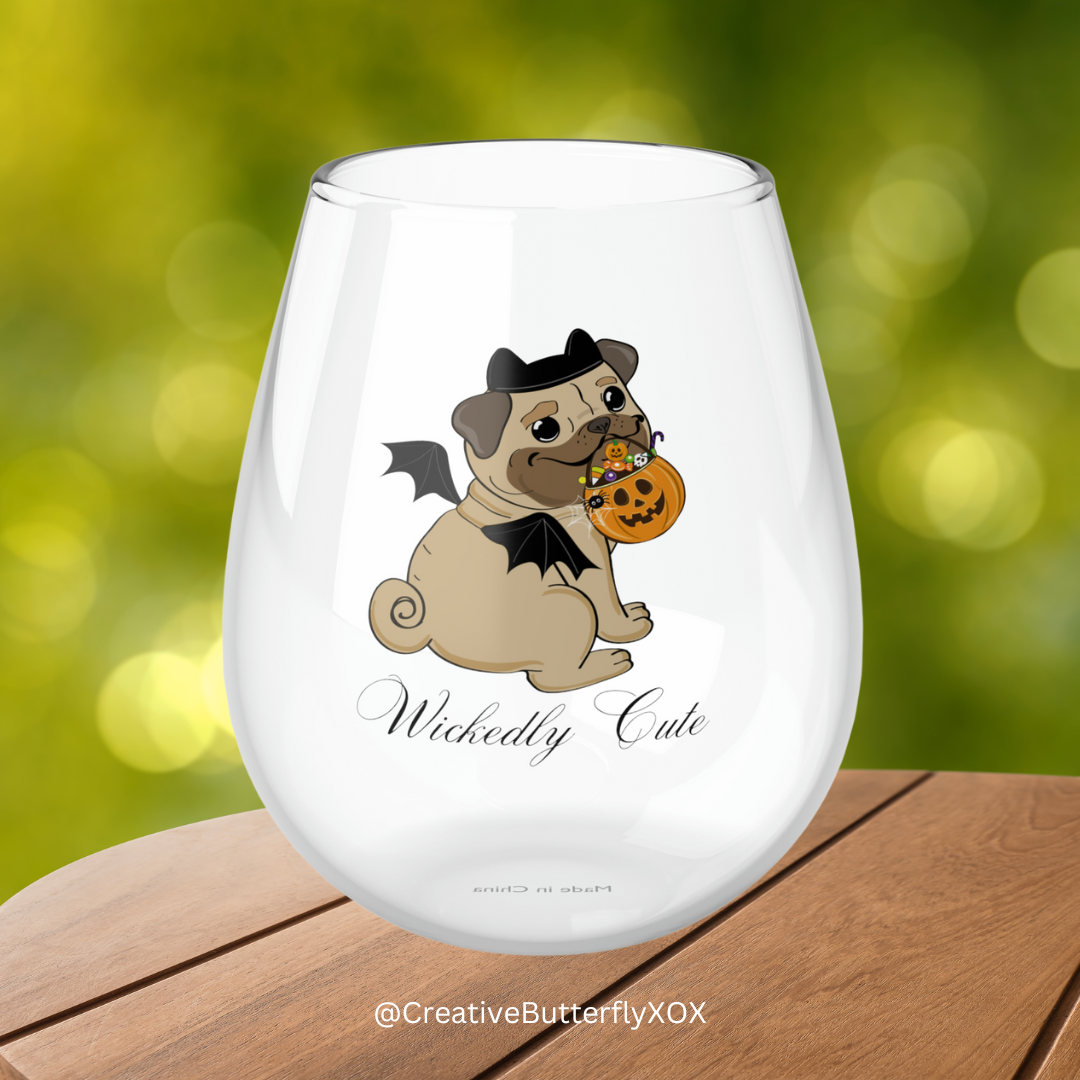 Pug Wine Glass, Pug in a Bat Halloween Costume Wine Glass, Halloween Wine Glass, Pug Stemless Wine Glass, 11.75oz, Halloween Pug Wine Glass