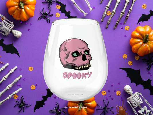 Pink Skull Wine Glass, Spooky Wine Glass, Halloween Wine Glass, Skeleton Skull Stemless Wine Glass, Halloween Gifts, Gothic Girl Goth Gifts