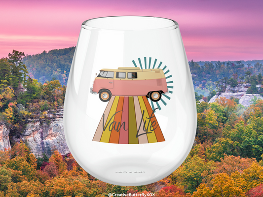 Van Life Wine Glass, Pink Camper Van Wine Glass, Travel Gifts, Camping Gifts, Van Life Gifts, Van Camp Trip Stemless Wine Glass, Camp Glass