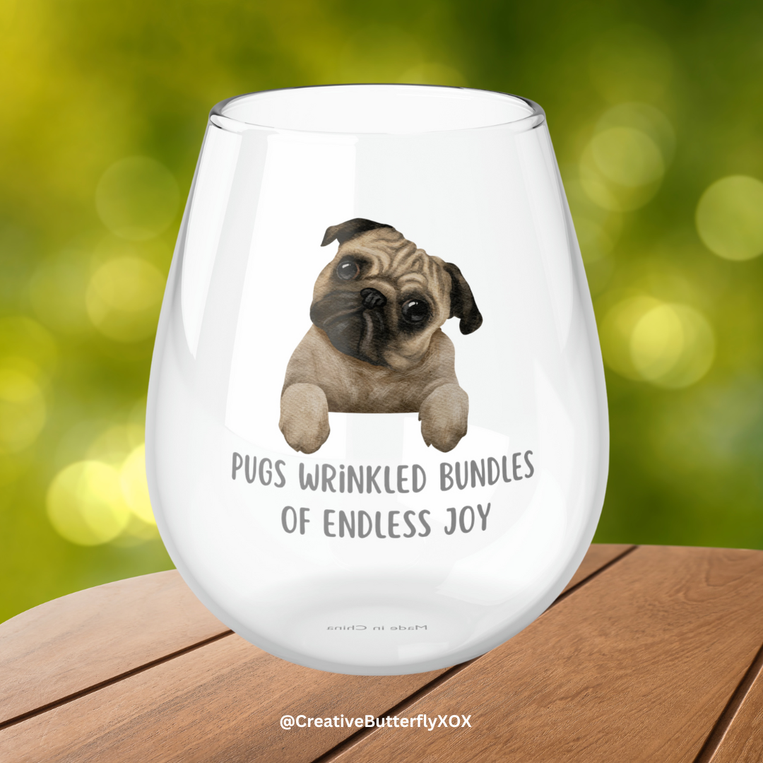 Pug Wine Glass, Pug Gifts, Dog Wine Glass 11.75oz, Funny Pug Stemless Wine Glass, Gift For Pug Mom, Glass Gift For Pug Dog Owner