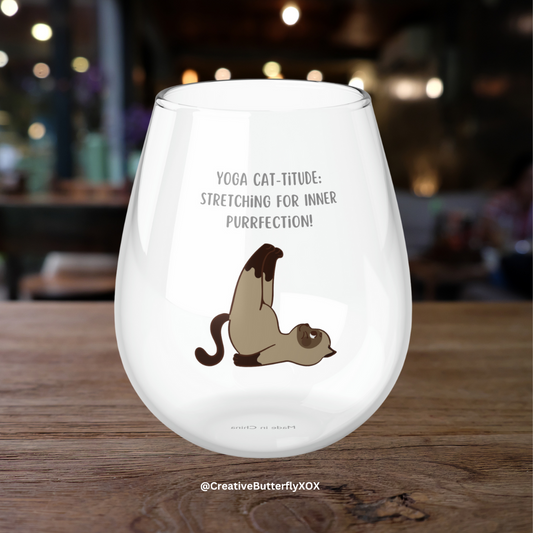 Yoga Wine Glass, Yoga Cat Wine Glass, Yoga Cat-titude Stretching For Inner Purrfection, Yoga Gifts, Yoga Stemless Wine Glass, Yoga Teacher