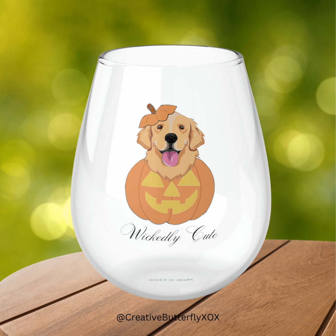 Golden Retriever in a Pumpkin Wine Glass, Golden Retriever Stemless Wine Glass, 11.75oz, Halloween Wine Glass, Golden Retriever Wine Glass