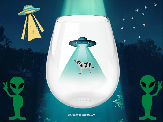 UFO Wine Glass, Alien Space Craft Beaming Up Cow Wine Glass, Aliens Wine Glass, Ufo Stemless Wine Glass, Spaceship Wine Glass, Geekery Gift