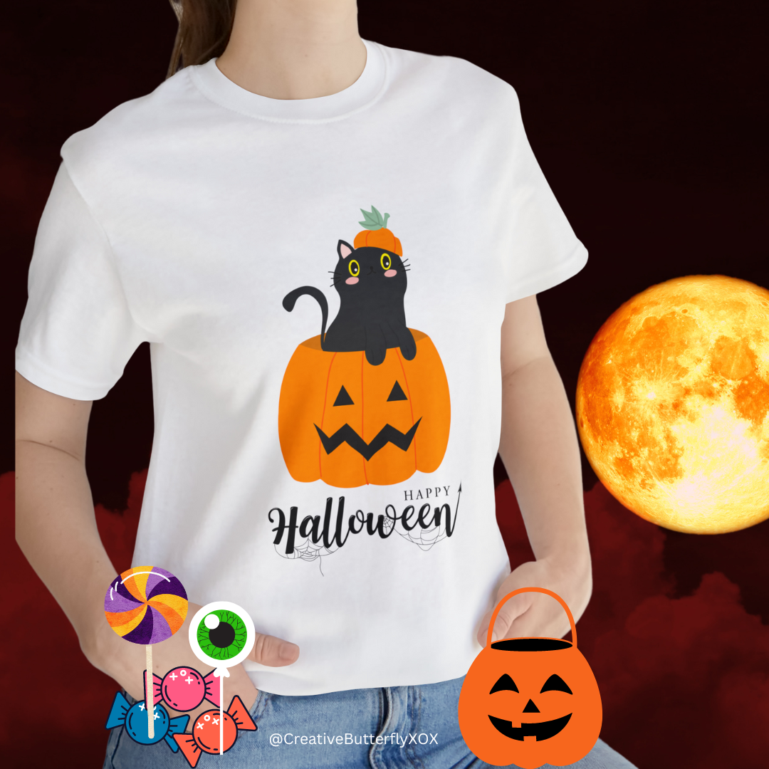 Black Cat in Pumpkin T-Shirt, Black Cat Shirt, Halloween Cat Shirt, Halloween Shirt, Pumpkin & Cat Shirt, Black Cat Spooky Season T-Shirt