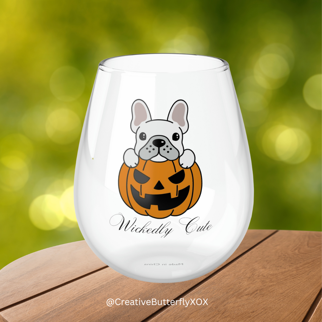 French Bulldog in a Pumpkin Wine Glass, French Bulldog Stemless Wine Glass, 11.75oz, Halloween Wine Glass, French Bulldog Wine Glass Gift