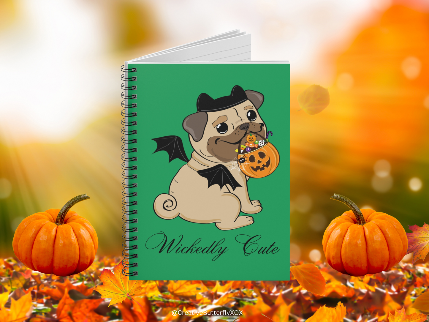 Pug Notebook, Pug Dog in a Bat Costume Notebook, with Pumpkin Jack O' Lantern, Bat Notebook, Halloween Notebook Stationery, Pug Mom Gifts