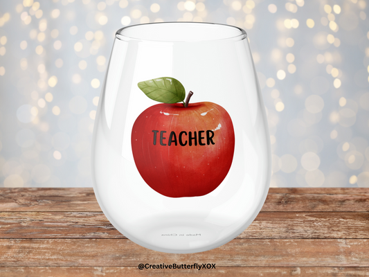 Teacher Wine Glass, Red Apple Wine Glass, Teacher Gifts, Gift For Teacher, Apple For Teacher, Teacher Stemless Wine Glass, Bar Glass Gift