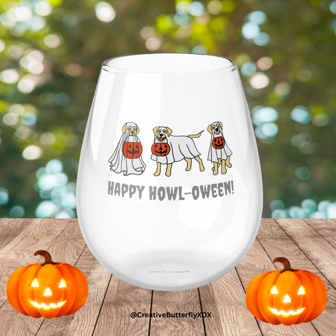 Happy Howl-oween Wine Glass, Halloween Dogs Wine Glass, Labrador Dressed as Ghosts Wine Glass, Ghost Dogs Stemless Wine Glass, Dogs Pumpkins