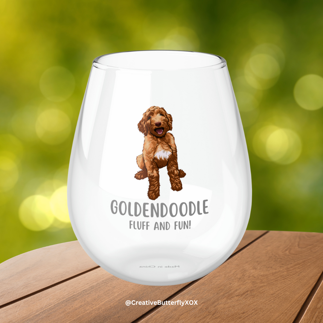 Goldendoodle Wine Glass, Goldendoodle Gifts, Goldendoodle Dog Wine Glass 11.75oz, Cute Goldendoodle Stemless Wine Glass, Gift for Dog Owner