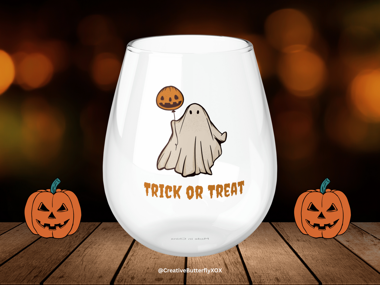 Ghost Wine Glass Trick or Treat, Halloween Wine Glass, Retro Ghost with Jack O' Lantern Wine Glass, Spooky Season Ghost Wine Glass Gift