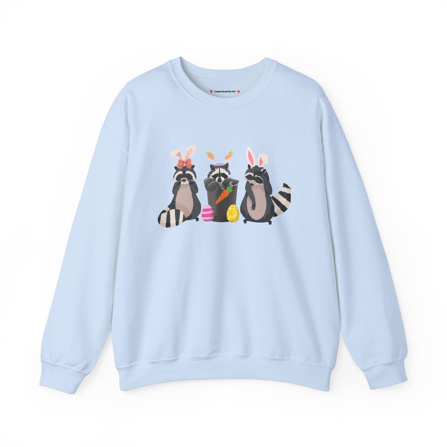 Cute and cozy trash panda raccoons sweatshirt for Easter and spring festivals - color pastel light blue