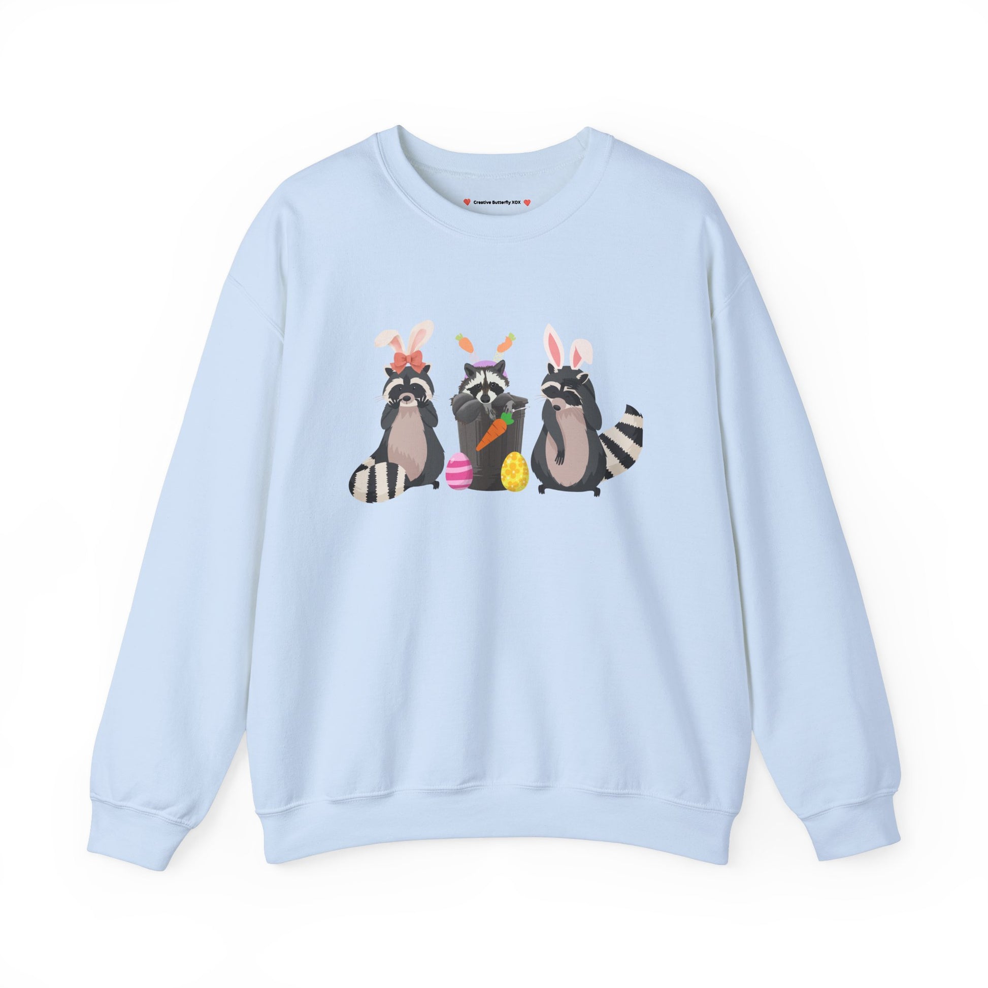 Cute and cozy trash panda raccoons sweatshirt for Easter and spring festivals - color pastel light blue