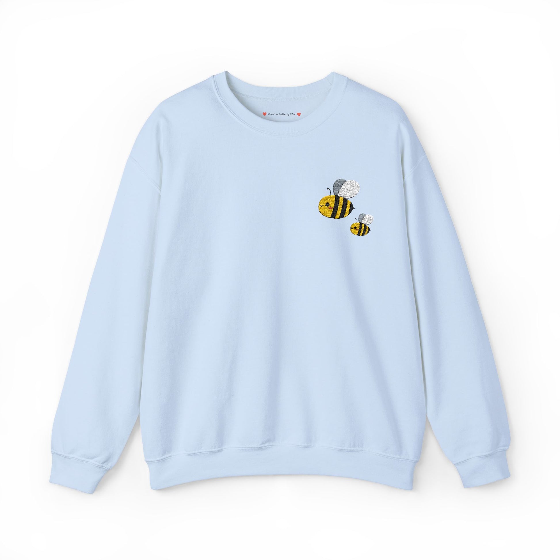 Cute spring bee crewneck, embroidered honey bee pullover shirt - color light blue embroidered bee sweatshirt baby blue