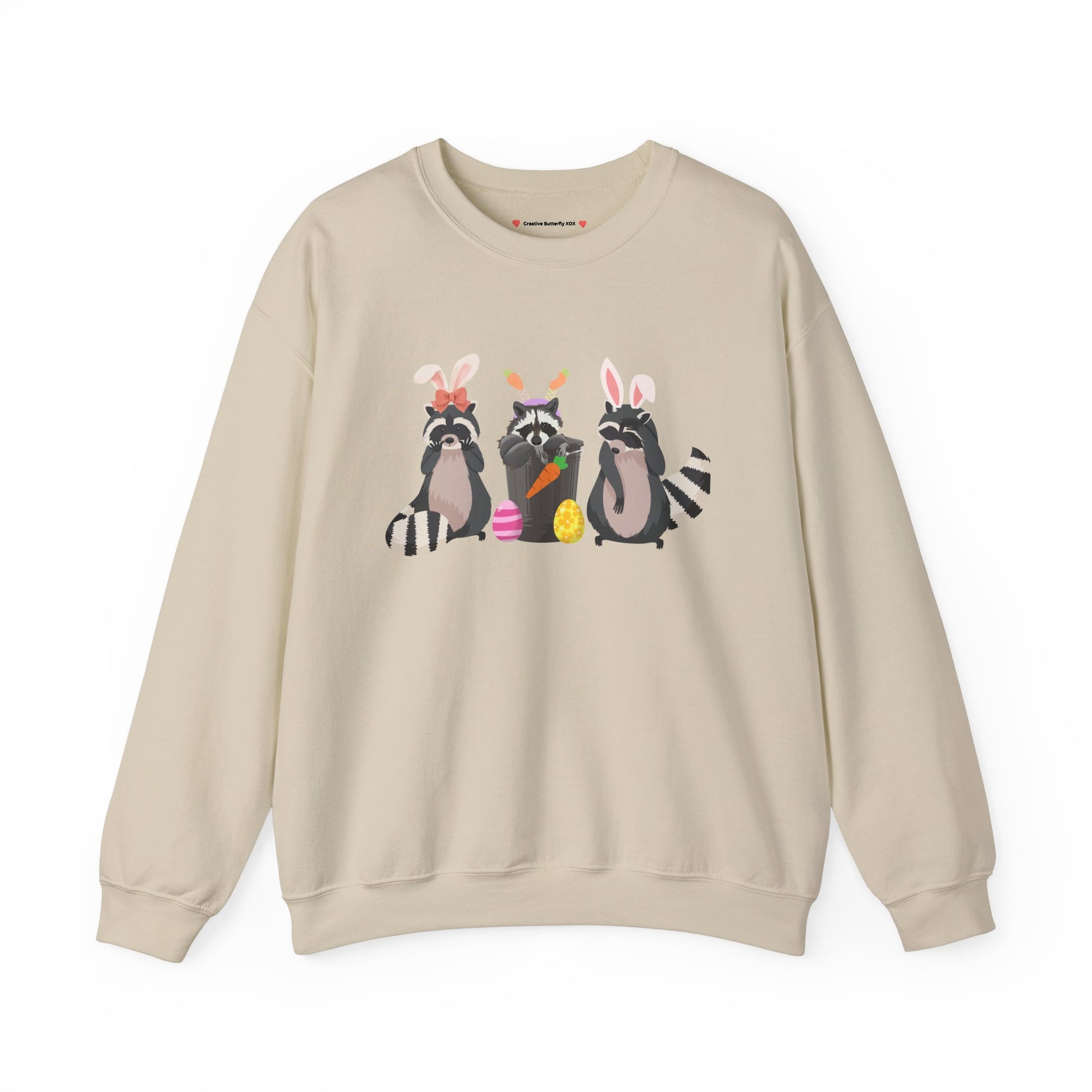 Easter-themed raccoon pullover with kawaii street cat aesthetic - color sand cream
