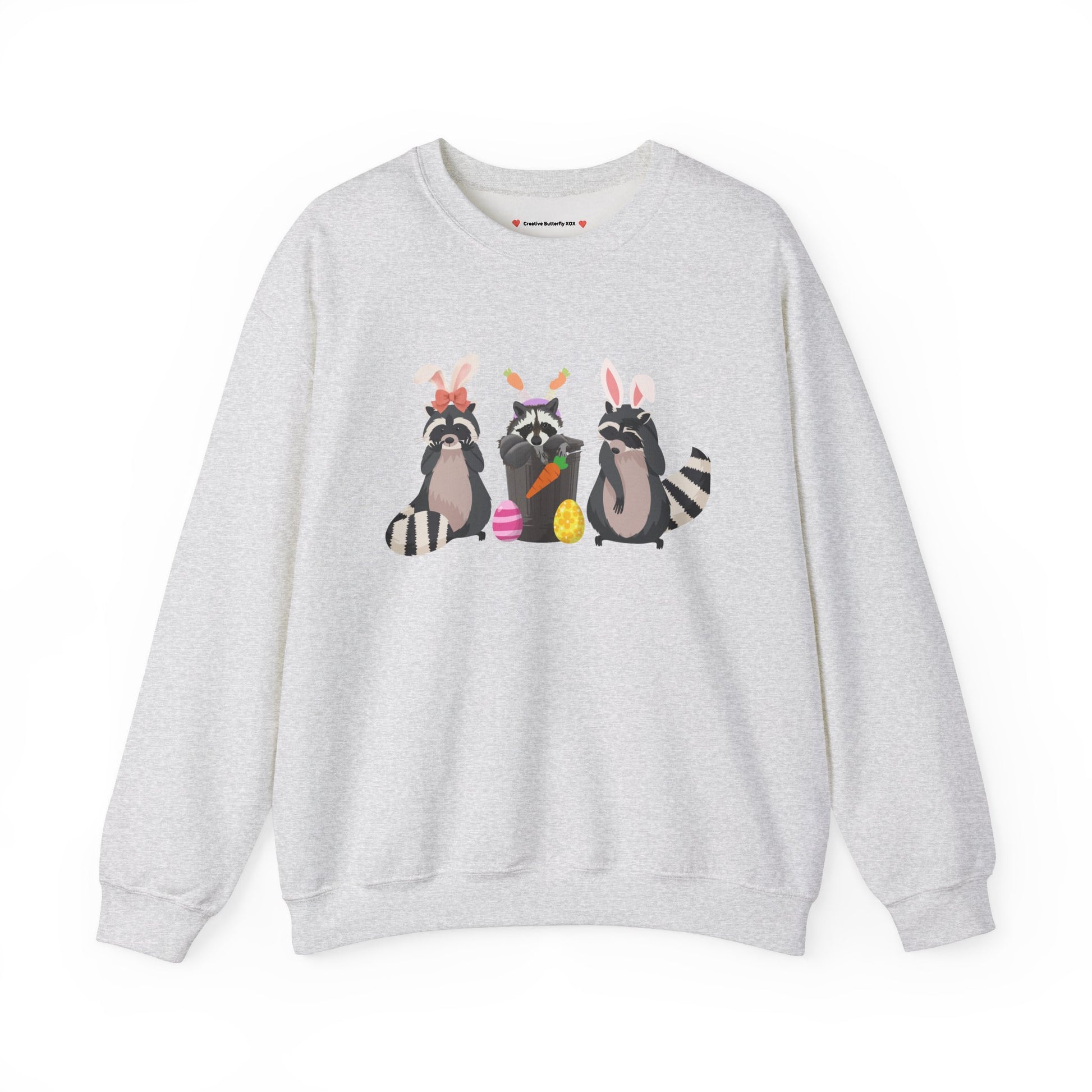 Easter sweater with trash panda raccoons and bunny ears design - color light grey, ash grey
