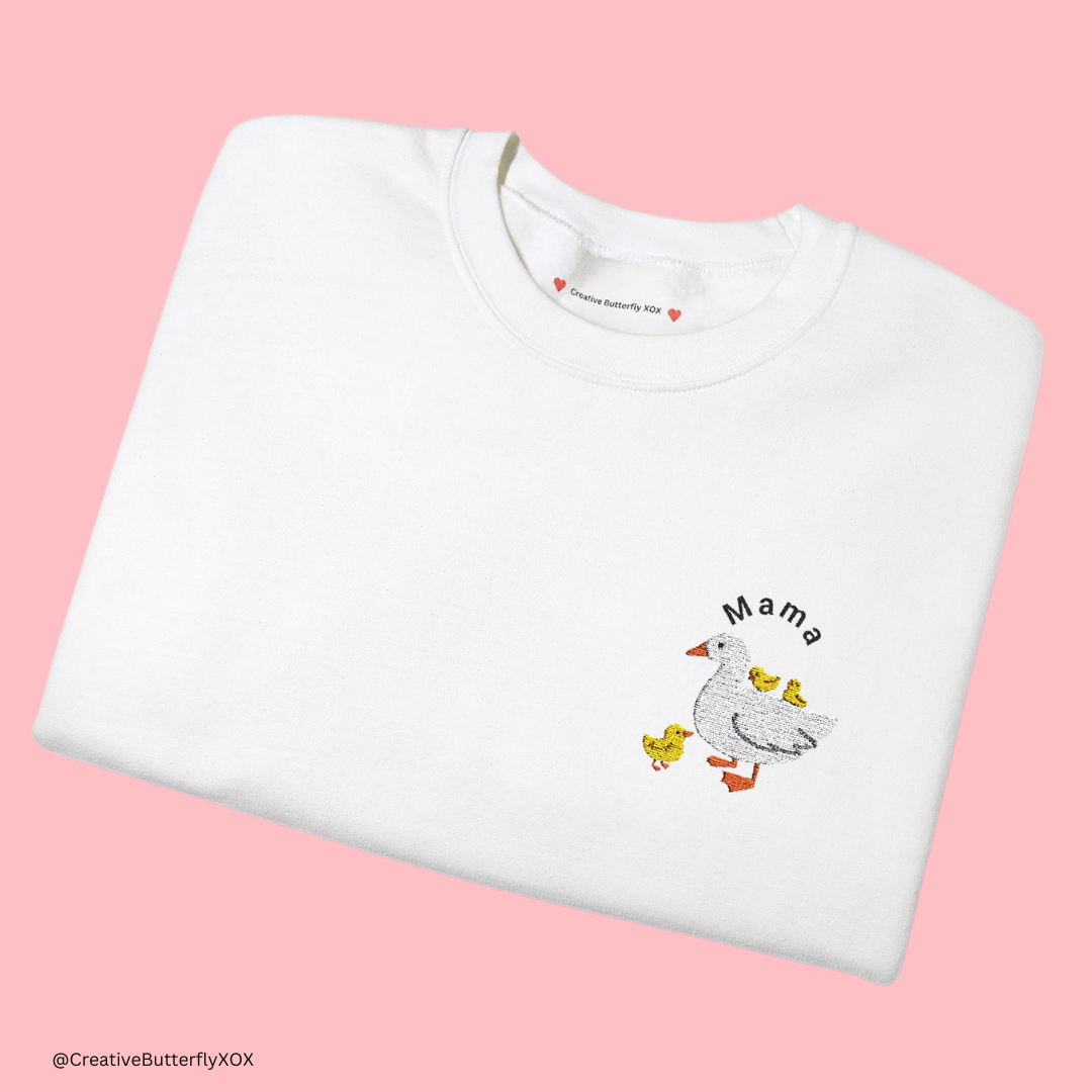 Embroidered Mama Goose sweatshirt with baby ducks design, color white & pastel color options