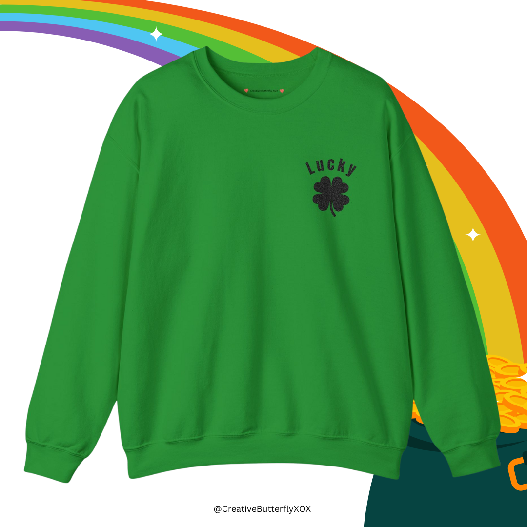 Embroidered St Paddy's Day pullover with black clover and Lucky text, St. Patrick’s Day sweatshirt
