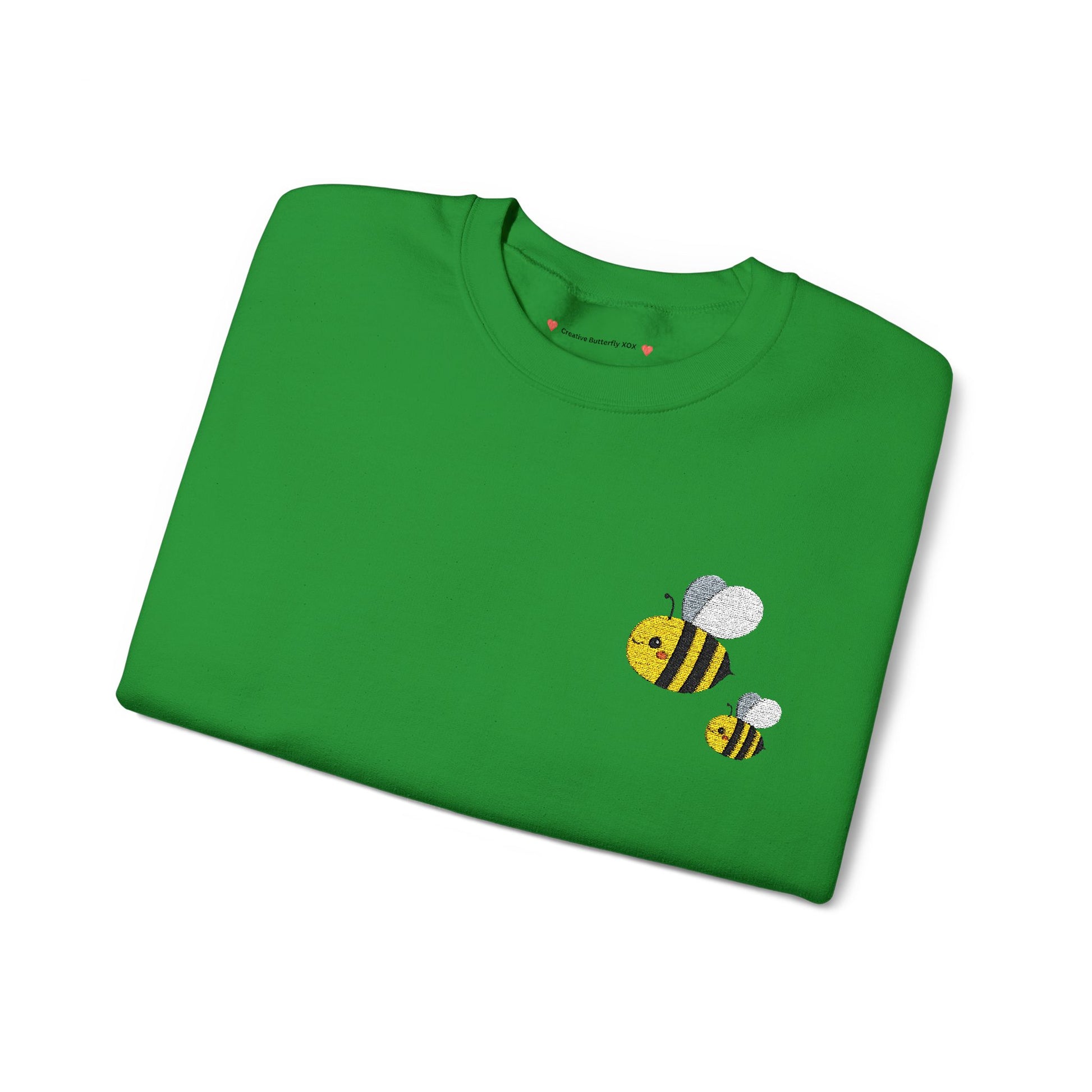 Embroidered bee sweatshirt sweater , embroidery folded close up view color green- by Creative Butterfly XOX