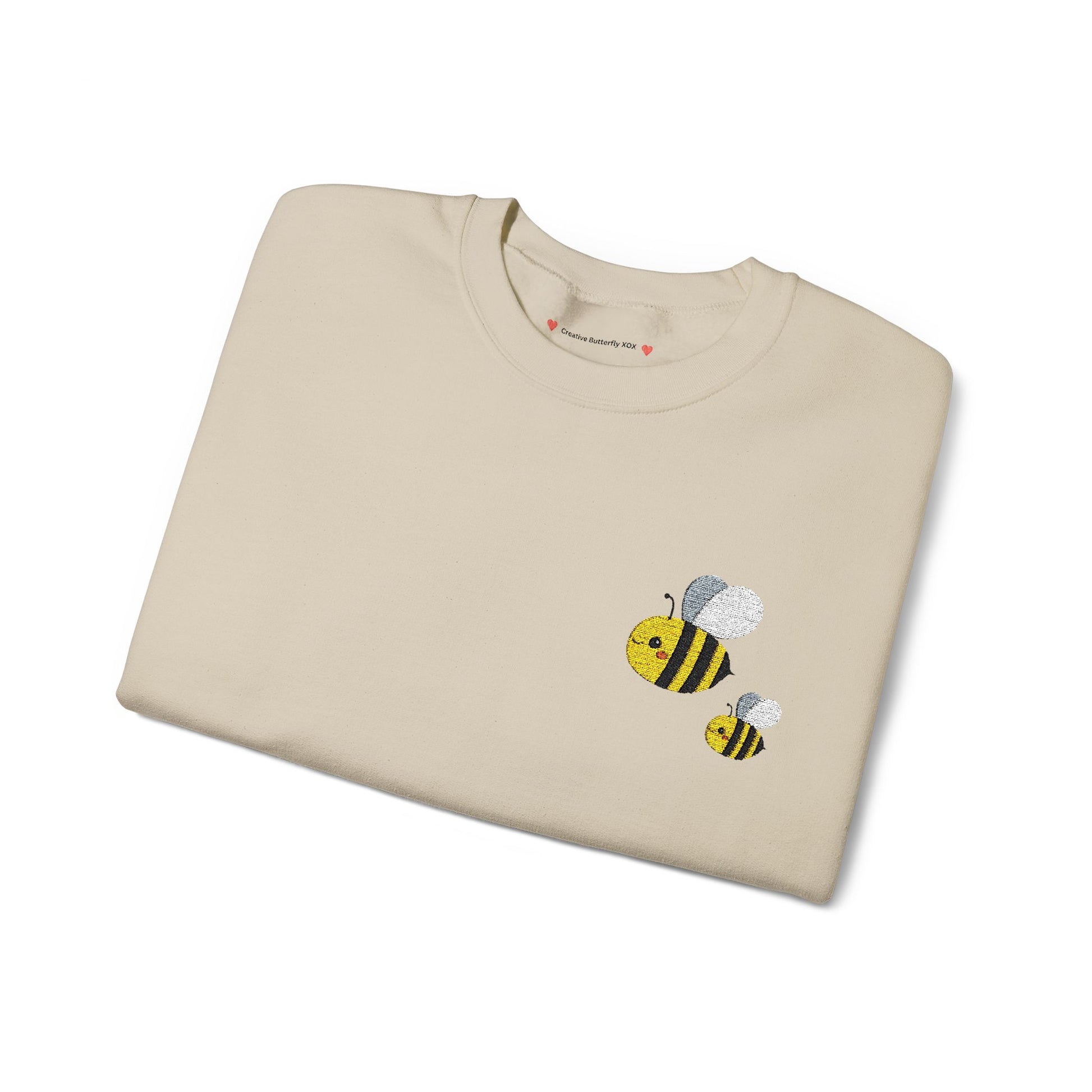 Embroidered bee sweatshirt sweater , embroidery folded close up view color sand - by Creative Butterfly XOX