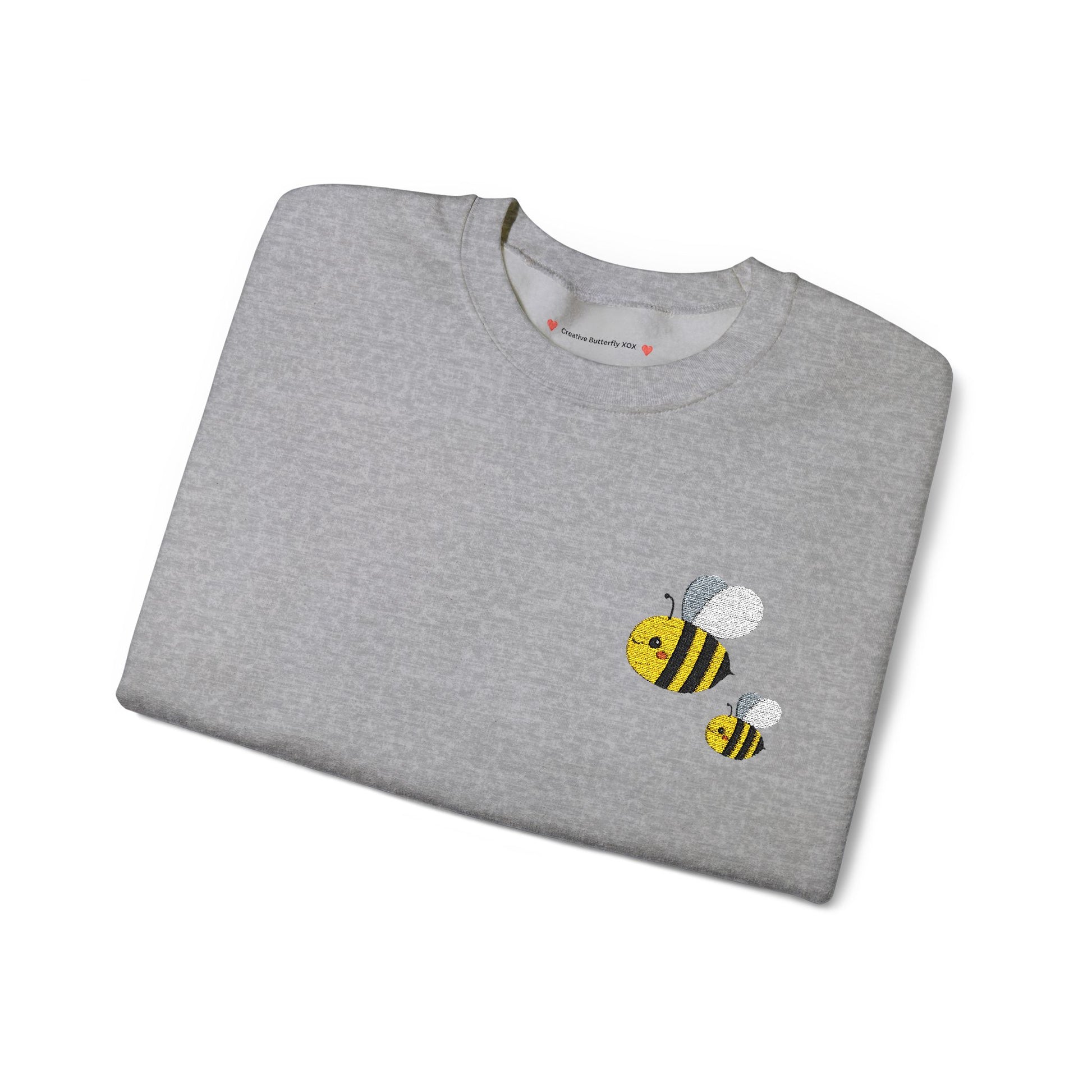 Embroidered bee sweatshirt sweater , embroidery folded close up view color sport grey- by Creative Butterfly XOX