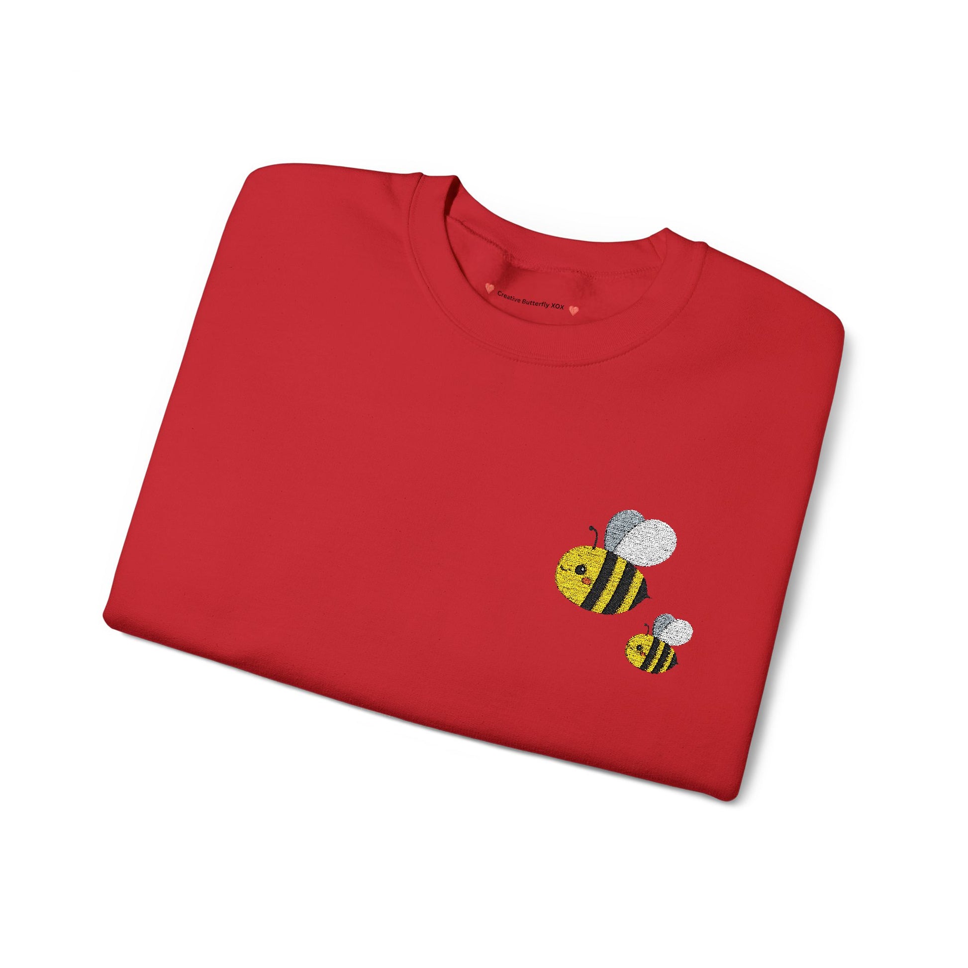 Embroidered bee sweatshirt sweater kawaii, folded close up view color red - by Creative Butterfly XOX