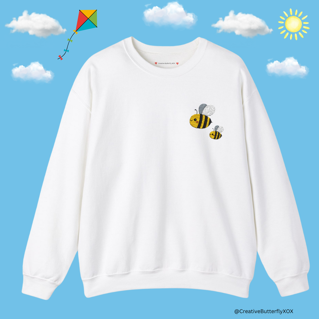 Embroidered bee sweatshirt with cute bumblebee design, spring crewneck sweater