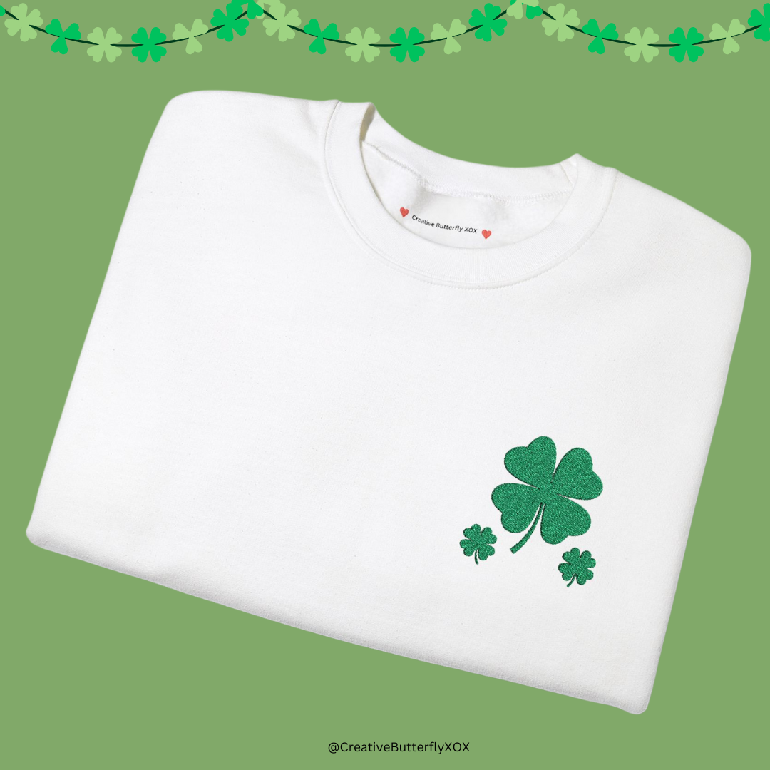 Embroidered four-leaf clover sweatshirt,  shamrock green 4 leaf clover, perfect for St. Patrick’s Day celebrations bar pub crawl