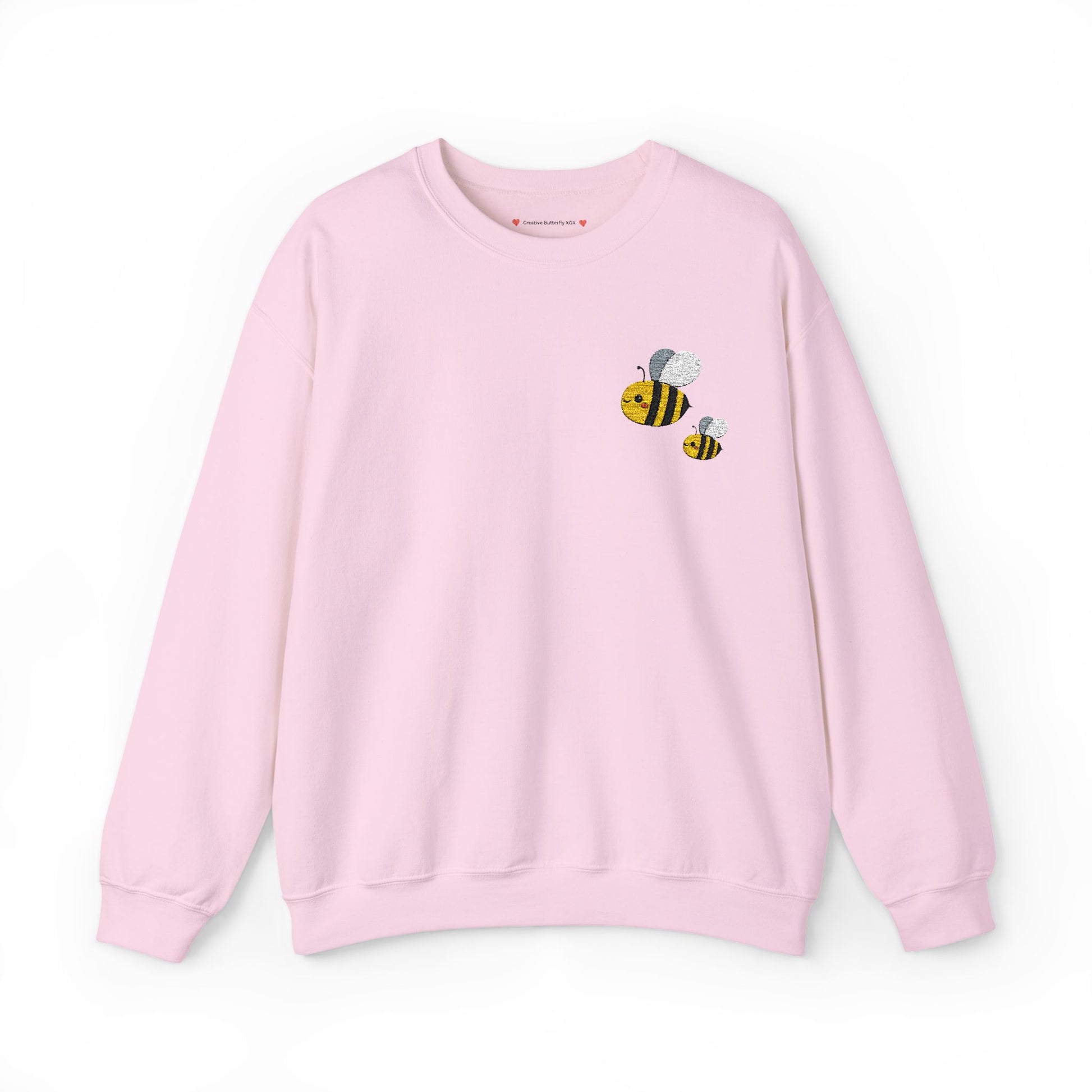 Embroidered honeybee sweatshirt, spring aesthetic bee crewneck sweater embroidery color light pink, baby pink 
